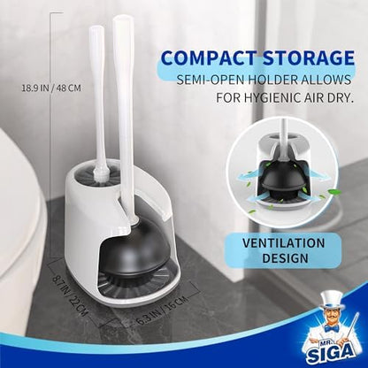 MR.SIGA Toilet Plunger and Brush with Holder for Toilet Cleaning, White