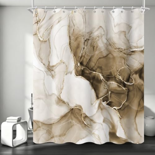 Brown Marble Shower Curtain Modern Abstract Luxury Gold Ink Texture Gray Ombre Watercolor Bathroom Curtain Set with Hooks Soft and Lightweight Waterproof Fabric Machine Washable 36" Wx72 L