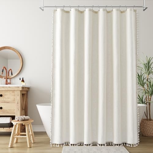 Nanspring Extra Long Cream Boho Linen Shower Curtain 84 Inches Vintage Country Cute Tassel Shower Curtains Set with Hooks for Bathroom Modern Farmhouse Cloth Shower Curtain Waterproof 72x84, Natural