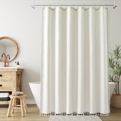 Nanspring Extra Long Cream Boho Linen Shower Curtain 84 Inches Vintage Country Cute Tassel Shower Curtains Set with Hooks for Bathroom Modern Farmhouse Cloth Shower Curtain Waterproof 72x84, Natural