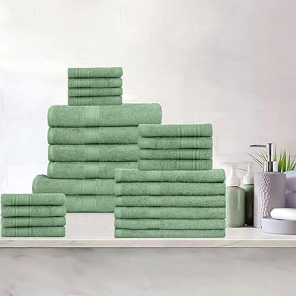 HILLFAIR 100% Cotton 24 Piece Bath Towels Set for Bathroom - Sage