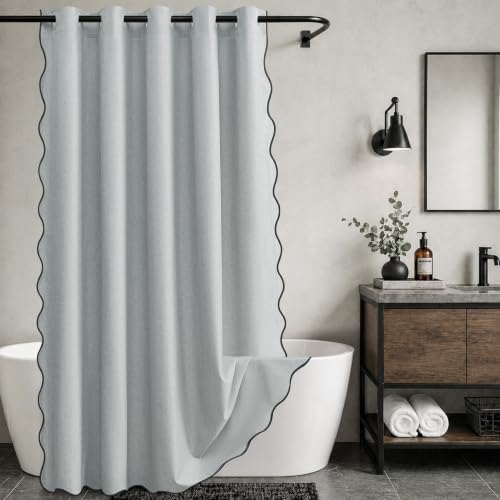 Furlinic Dusty Blue Scalloped No Hook Shower Curtain Waterproof Linen 78x75