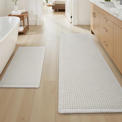 Upgraded Waffle Bath Mat Set of 2 Absorbent Bathroom Mat 18"x30" + 24"x48"