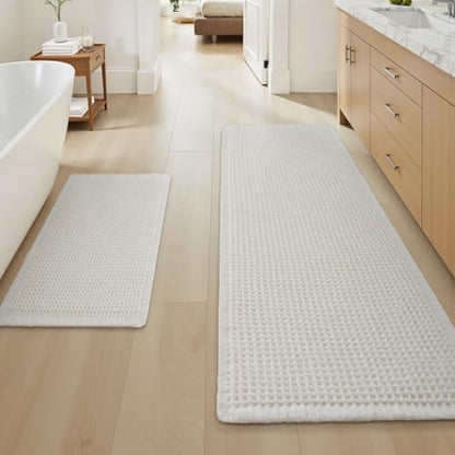 Upgraded Waffle Bath Mat Set of 2 Absorbent Bathroom Mat 18"x30" + 24"x48"