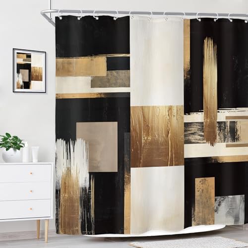 Riyidecor Black Gold Abstract Shower Curtain for Bathroom Decor 72Wx72H Oil Painting Boho Beige Artistic Aesthetic Modern Geometric Art Printed Fabric Polyester Waterproof 12 Pack Plastic Hooks