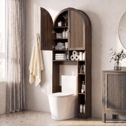 HMstone Over The Toilet Storage Cabinet, Arched Bathroom Organizer and Storage with Doors and Adjustable Shelf, Space-Saving Freestanding Bathroom Modern Storage Cabinet Over Toilet (Walnut)