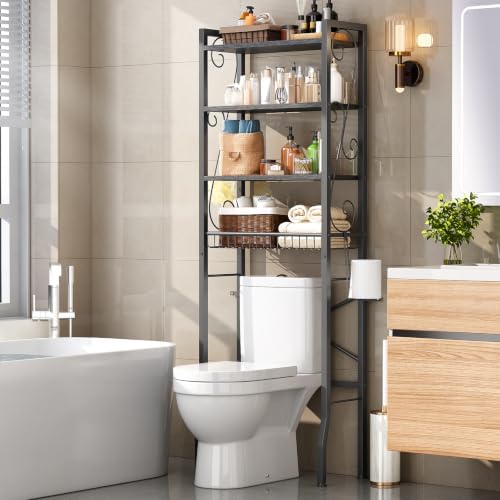 Over-The-Toilet Storage Rack 4-Tier,Bathroom Organizer Shelf Over Toilet,Adjustable Wooden Shelves and Basket,Freestanding Above Toilet Shelf,Space Saver for Rooms(Black Rack-Black Shelves)