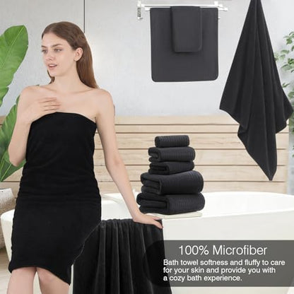 18 Piece Family Bath Towel Set Include 6 Bath Towels,6 Hand Towels and 6 Washcloths Soft Bathroom Towel with Hanging Loops,Highly Absorbent Quick Dry Towels Set for Bathroom,Hotel and Spa-Black