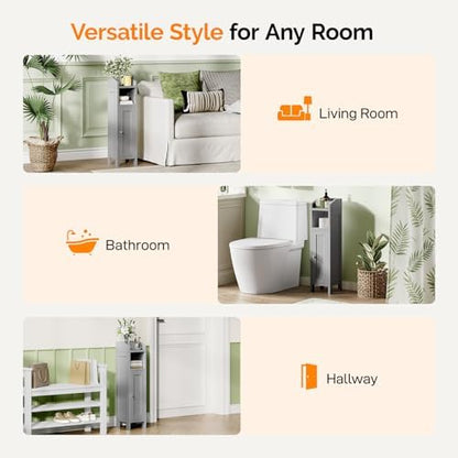 VINGLI Small Storage Corner Floor Cabinet, 7.9" Narrow Toilet Paper Storage Holder with Vertical Striped Door, Skinny Freestanding Organizer for Small Spaces, Slim Bathroom Storage Cabinet, Grey