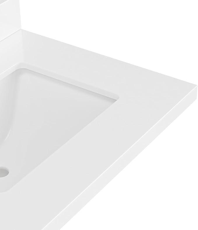 ARIEL 43 inch Bathroom Vanity top with Sink, 1.5 Inch Thick Miter Edge White Quartz top, Right Offset Vanity top with Rectangle Porcelain Sink, Includes Backsplash