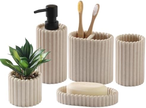 Bathroom Accessories Set,Sandstone Look Beige, Thick Stripe, 5 PCS