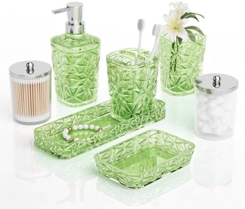 Green Bathroom Accessories Set 7 Pcs, Green Bathroom Sets, Acrylic Soap Dispenser and Toothbrush Holder Set, Qtip Holder Set, Bathroom Sink Set, Gift for Home Apartment