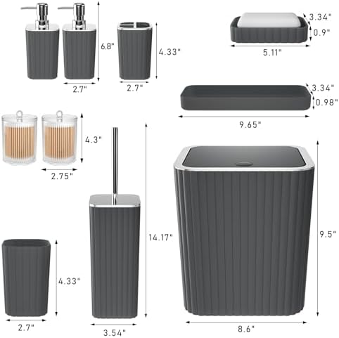 XLHOMO Bathroom Accessories Set - Gorgeous Grey Bathroom Set, 10PC Bathroom Accessory Set, Gray Bathroom Accessories Set, Trash Can, Qtip Holder Dispenser & Soap Dispenser