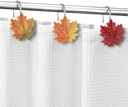 Sunlit Maple Leaf Shower Curtain Hooks, Yellow to Red Ombre Fall Autumn Shower Curtain Rings for Bathroom, Decorative Resin Maple Leaves Curtain Hangers, Bath Accessories, Set of 12