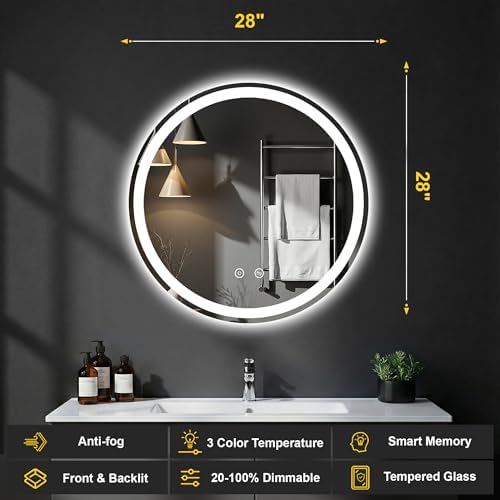 Round LED Bathroom Mirror with Lights, 28 Inch Circle Lighted Vanity Mirror