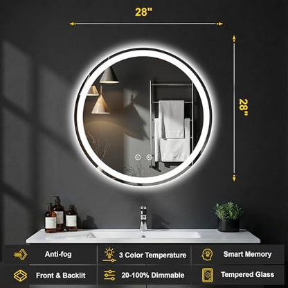 Round LED Bathroom Mirror with Lights, 28 Inch Circle Lighted Vanity Mirror