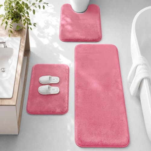 HUXMEYSON 3-Piece Memory Foam Bathroom Rug Set, Pink