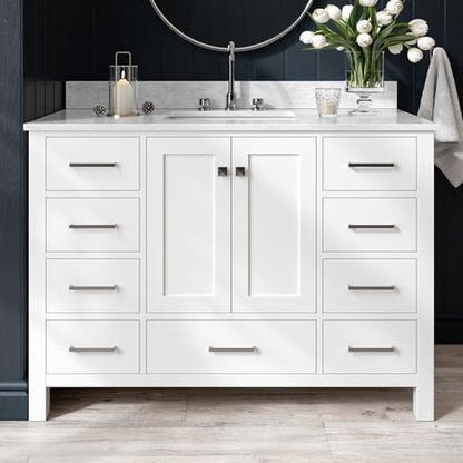 ARIEL Cambridge 48-inch Bathroom Vanity with Sink,Solid Wood, 0.75-inch Italian Carrara Marble Countertop, Single Rectangular Porcelain Sink, 2 Soft Closing Doors, 9 Dovetail Drawers, White