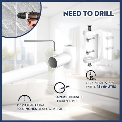 White Curved Shower Curtain Rod 33-78 Inches Adjustable Splicing Design Shower Rods Curved Round Bowed Rust proof, Premium Stainless Steel Need To Drill Shower Curtain Rod for Bathroom, Bathtub, Stall