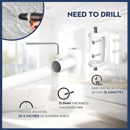 White Curved Shower Curtain Rod 33-78 Inches Adjustable Splicing Design Shower Rods Curved Round Bowed Rust proof, Premium Stainless Steel Need To Drill Shower Curtain Rod for Bathroom, Bathtub, Stall