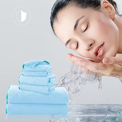 TENSTARS Luxury Silk Hemming Towel Set - Light Thin Quick Drying - 2 Bath Towels 2 Hand Towels 2 Washcloths - Ultra Soft Microfiber Towel for Bath Fitness, Sports, Yoga, Travel (Aquamarine 6 Pieces)