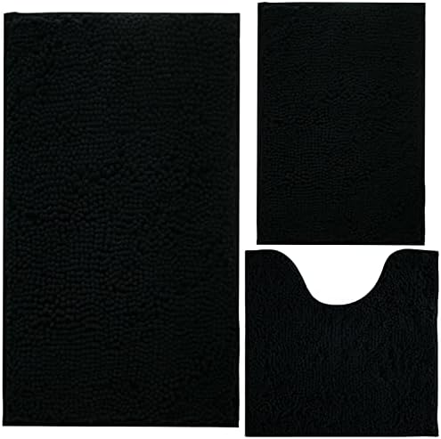 Black Bathroom Rug Chenille 3-Piece Extra Soft and Absorbent Shag Bathroom Rugs, Machine Wash Mat, Strong PVC Non-Slip Underside, Plush Carpet Mats (Black)