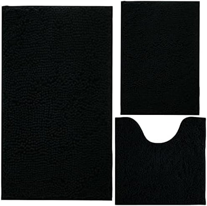 Black Bathroom Rug Chenille 3-Piece Extra Soft and Absorbent Shag Bathroom Rugs, Machine Wash Mat, Strong PVC Non-Slip Underside, Plush Carpet Mats (Black)