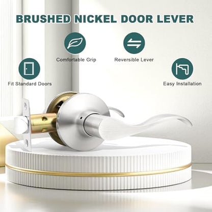 GOBEKOR 3 Pack Passage Door Levers Hallway Closet Door Handles Brushed Nickel Interior Door Handle with Lock Keyless Wave Door Handle Lever
