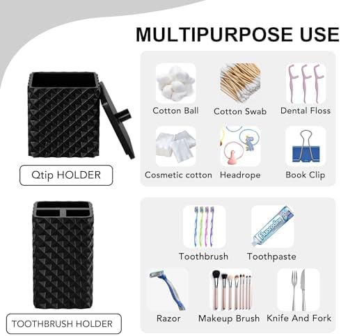 Bathroom Accessories Set Resin 6PCS, Square Toothbrush Holders Set Complete with Soap Dispenser, Vanity Tray, Tumbler, Cups and Cotton Swab Jars (Black Diamond, Resin Bath 6 PCS)