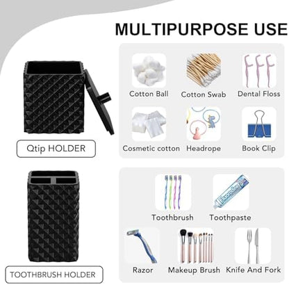 Bathroom Accessories Set Resin 6PCS, Square Toothbrush Holders Set Complete with Soap Dispenser, Vanity Tray, Tumbler, Cups and Cotton Swab Jars (Black Diamond, Resin Bath 6 PCS)