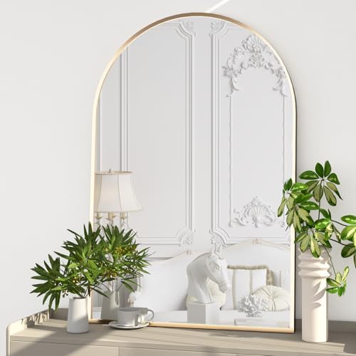 Wall Mounted Mirror, Arched Wall Mirror for Bathroom, 2 Pieces 24"x36" Arch Bathroom Mirror with Metal Frame, Gold Vanity Mirror Decor for Mantle, Bedroom, Entryway, Living Room