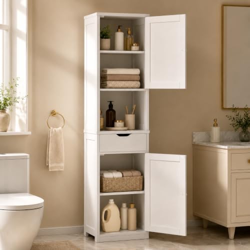 Walsunny Tall Bathroom Storage Cabinet with 6 Adjustable Shelves, White