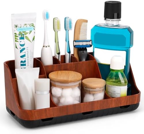 GFWARE Bathroom Decor and Accessories - Detachable 7 Slots Kids Electric Toothbrush and Toothpaste Holde for Bathroom Tray Countertop Vanity Storage, Bathroom Sink Storage Organizer, Red Wood