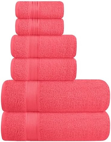 Belizzi Home Ultra Soft 6 Pack Cotton Towel Set, Contains 2 Bath Towels 28x55 inch, 2 Hand Towels 16x24 inch & 2 Wash Coths 12x12 inch, Ideal for Everyday use, Compact & Lightweight - Coral Orange
