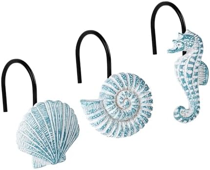 Sunlit Seashells Decorative Shower Curtain Hooks, Aqua Blue Ocean Creatures Coastal Shower Curtain Rings with Black Hooks, Resin, Nautical Bathroom Decoration Beach Shower Curtain Hooks, Set of 12