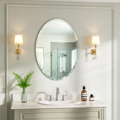 24 x 36 Inch Oval Frameless Bathroom Mirror, Beveled Polished Wall Mirror, Modern Decorative Mirror for Bathroom Vanity Bedroom Entryway