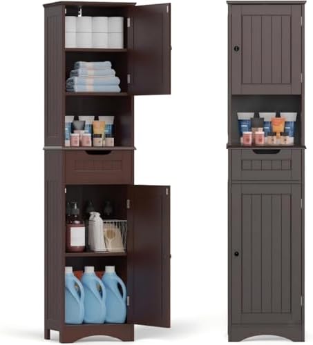 Gizoon 67” H Tall Bathroom Storage Cabinet, Narrow Cabinet, Dark Brown