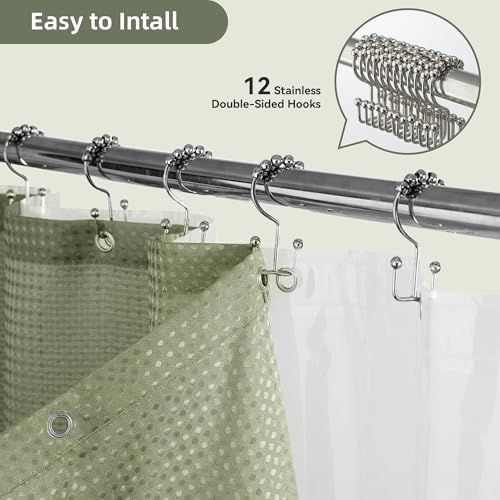 3 in 1 Shower Curtain Set, Waffle Shower Curtain and Liner Set with 12 Double Sided Shower Curtain Hooks, 72 x 84 Fabric Shower Curtains for Bathroom, Green