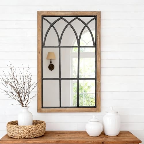 Rustic Window Mirror for Wall Decor, Wooden Frame Decorative Wall Mirror