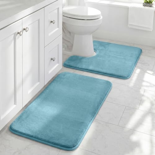 HUXMEYSON Bathroom Rugs Sets 2 Piece, Non-Slip & Quick Dry Bath Mat Set, Ultra Soft Velvet Bath Rugs for Bathroom, Toilet and Shower Floor, Lake Blue
