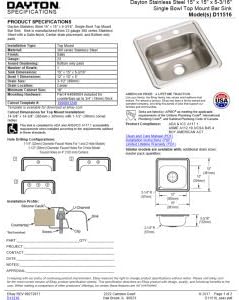 Dayton D115162 Single Bowl Drop-in Stainless Steel Bar Sink, 15 x 15 with 3.5" Drain Hole