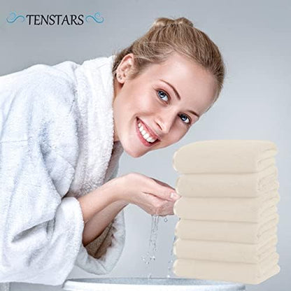 TENSTARS Silk Hemming Hand Towels for Bathroom - Quick Drying - Ultra Soft Microfiber Absorbent Towel for Bath Fitness, Gym, Shower, Hotel, and Spa - 16x28 Inch | Set of 6, Cream