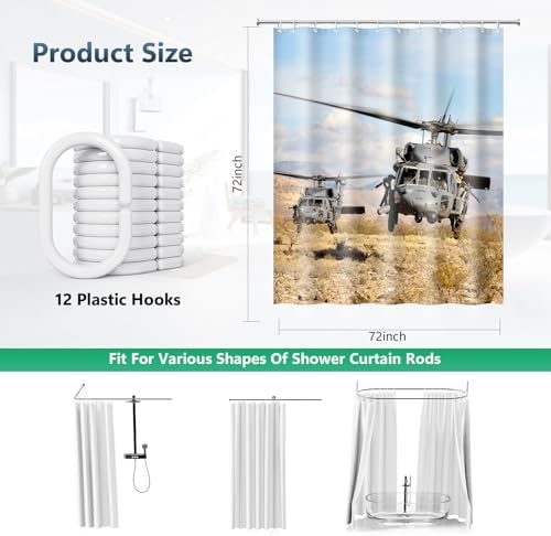 Black Hawk Helicopter Patriotic Shower Curtain with Hooks 72 x 72 Inches