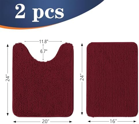 OLANLY Chenille Bathroom Rugs Mats Sets 2 Piece, 24"x16"+24"x20", Burgundy