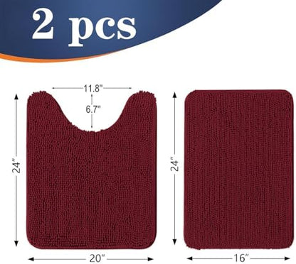 OLANLY Chenille Bathroom Rugs Mats Sets 2 Piece, 24"x16"+24"x20", Burgundy