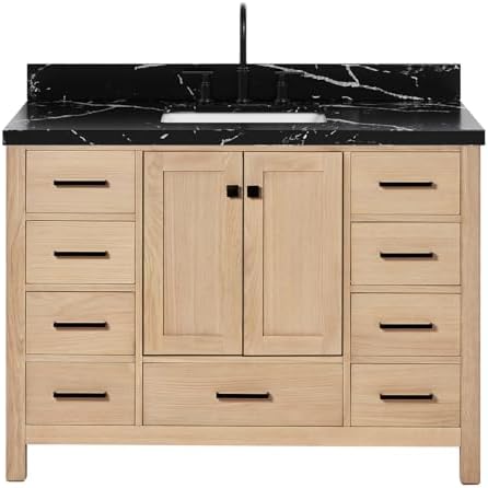 ARIEL Cambridge 48 Inch Single Rectangle Sink Bathroom Vanity with Nero Marquina Black Quartz Countertop 1.5 Inch in Natural Oak