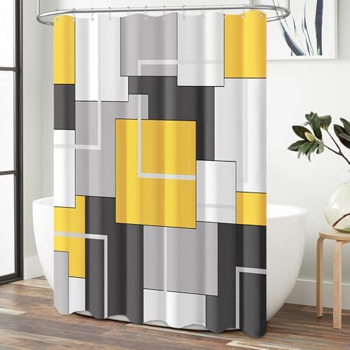 BTTN Yellow Modern Geometric Waterproof Fabric Shower Curtain Set, 72 x 72