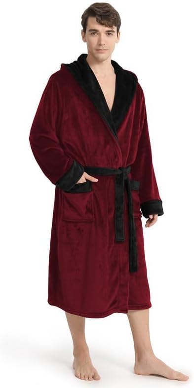 Yurhap Luxury Mens Robe with Hood, Ultra Cozy Fleece Bathrobe for Men, Plush Hooded Robe with Belt & 2 Pockets