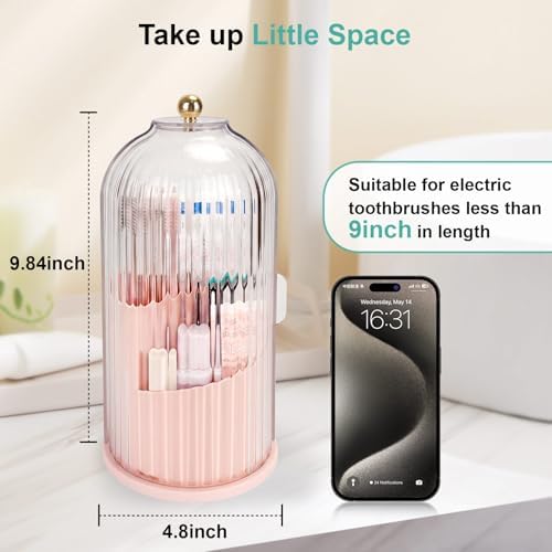 QIYVLOS Toothbrush Holders with Sliding Lid, Rotating 3 Slots Bathroom Organizer Countertop, Tooth Brush Toothpaste Holder Bathroom Counter Stand Sink Organizer Caddy for Makeup Brushes Holder (Pink)