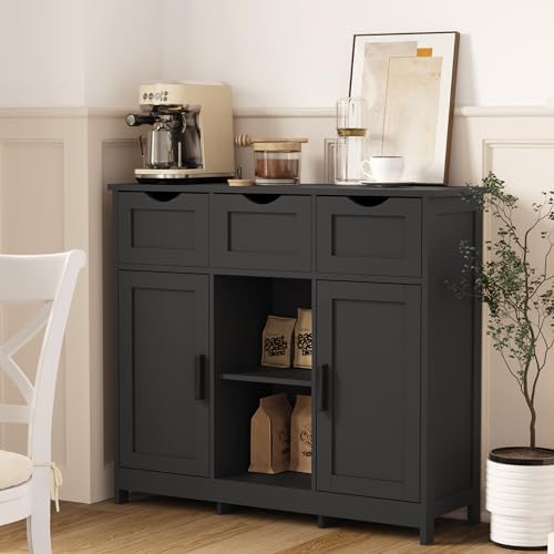 Sideboard Floor Storage Cabinet - Wooden Storage Organizer with 2 Doors and 3 Drawers, Free Standing Accent Buffet Cabinet with Adjustable Shelves for Living Room, Kitchen, Bathroom (Black)